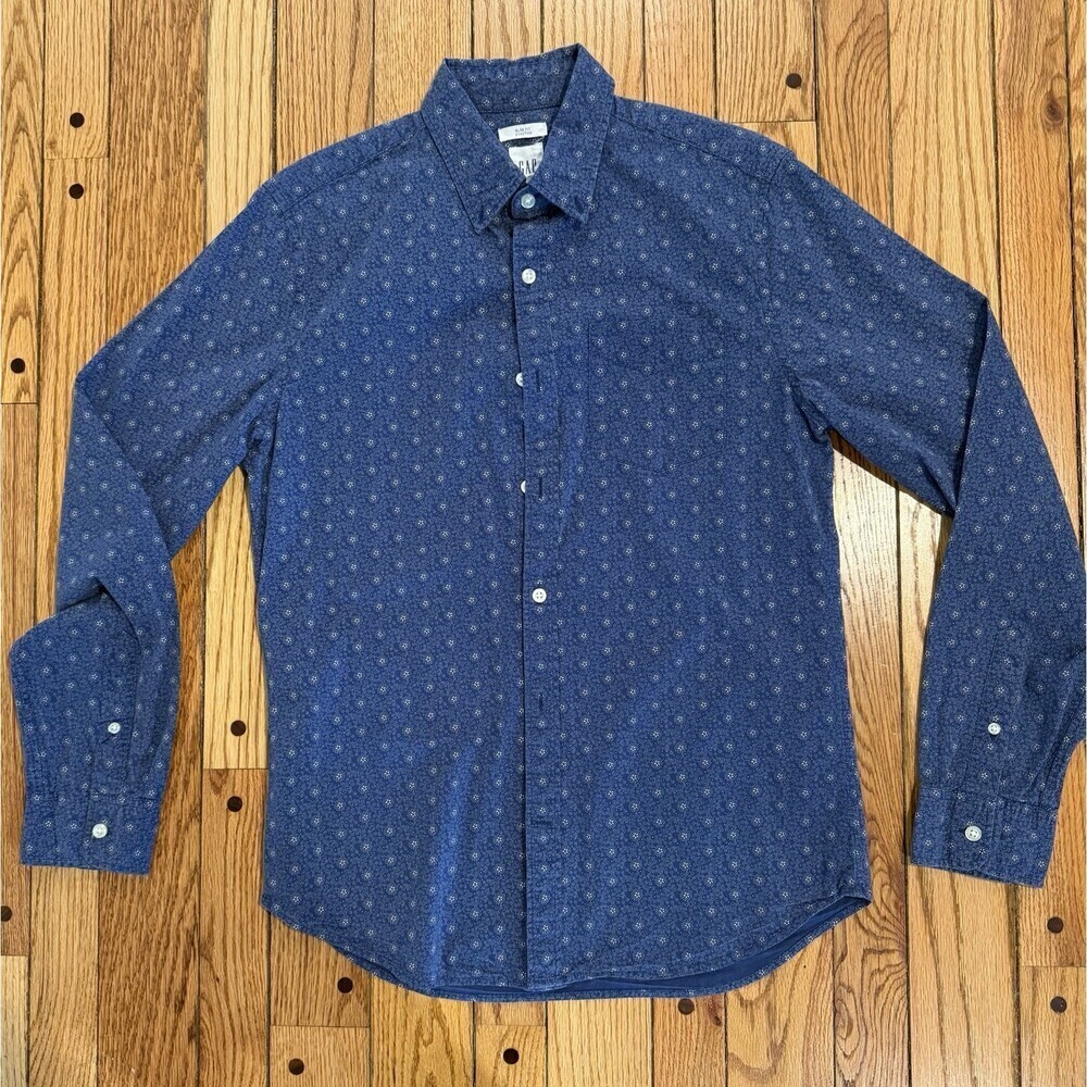 GAP Slim Fit Stretch Button Up Shirt Men’s Medium Blue Patterned Long Sleeve